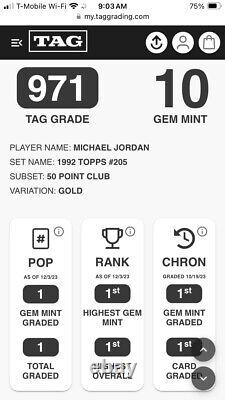 1992 Topps Michael Jordan 50 Point Club Gold TAG 10 (971) #205